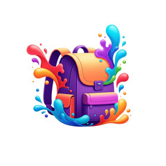 Back to school backpack with colorful paint splashes. Schoolboy student bag for education. Study supplies on transparent background.