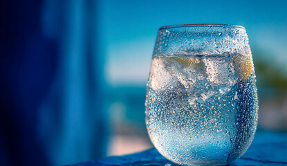 Glass of water with ice sits on blue surface, refreshing and cool. For marketing, web design, or editorial use.