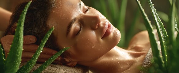 The serene beauty of a woman enjoying an aloe skincare treatment.