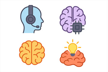 Brain emblem template, a set of vector icons representing smart assistants, ai and human brains, neural engines, and creative minds
