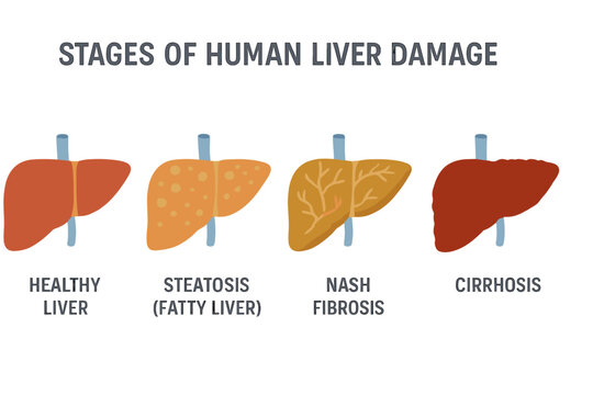 The concept of human liver damage is represented in stages, from a healthy liver to steatosis, fatty NASH, fibrosis, and cirrhosis, as a vector cartoon illustration of reversible and irreversible