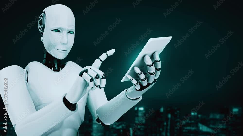 Poster robot hominoid use mobile phone or tablet for big data analytic using ai thinking brain , artificial