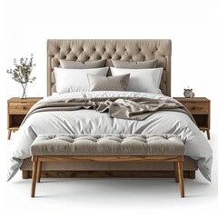 Beige Upholstered Bed with Wooden Nightstands and Bench