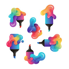 A collection of colorful markers and abstract liquid color splashes for back to school and children’s creativity on transparent background.