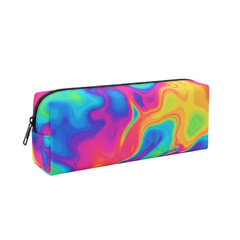 Psychedelic pattern pencil case for school supplies. Colorful liquid art design stationery pouch. Back to school student equipment on transparent background.