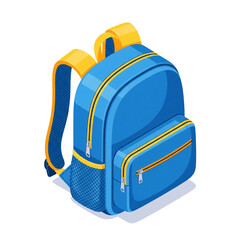 Blue school backpack with yellow straps and zippers. Children's school bag illustration. Back to school concept on transparent background.