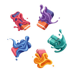 Set of colorful erasers with paint splashes for back to school and creative art concept on transparent background.