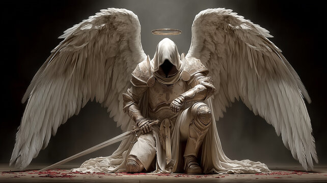 Kneeling Archangel with Sword and Halo in Divine Judgment &ndash; Generative AI