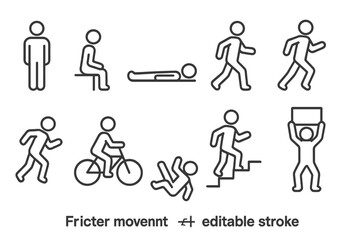 Person Movement, icon set. Figure in Various Poses. Standing, Sitting, Lying Down, Walking, Running, Sprinting, Riding a Bicycle, Climbing Stairs, Falling, Jumping, Lifting. Line with editable stroke