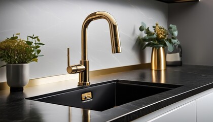 a kitchen sink detail features a modern black and gold faucet paired with a black stone countertop and white cabinets
