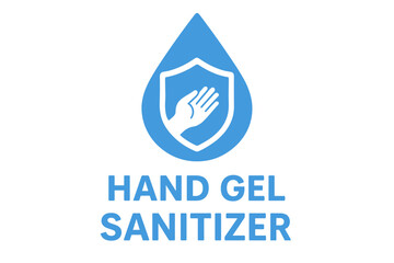A vector label for hand gel sanitizer is depicted with a water drop, shield, and hand logo, suitable for a healthy and safe product package tag