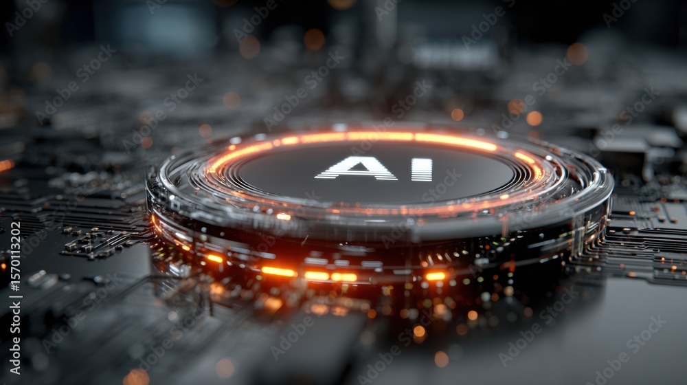 Aufkleber close-up view of a modern computer chip featuring a prominent ai symbol surrounded by intricate circ