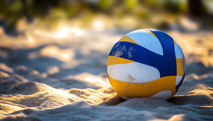 Volleyball ball sits on sandy beach. Ball in yellow, blue, white colors. Summer vacation, sports and recreation at seashore. Team sport, beach play, game competition during holiday