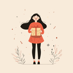 Cheerful girl holding a gift in autumn leaves