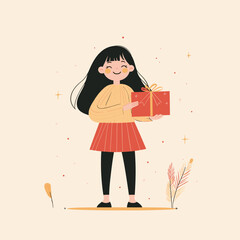 Cheerful girl holding a gift in autumn leaves