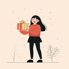 Cheerful girl holding a gift in autumn leaves