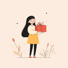 Cheerful girl holding a gift in autumn leaves