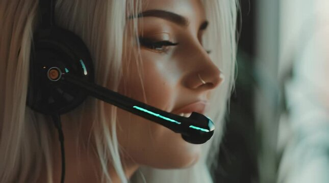 4K video of a female call center agent on a head set talking to a cilent in a modern call center
