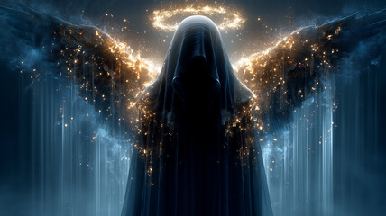 Mechanical Seraph with Halo and Feathered Wings – Generative AI