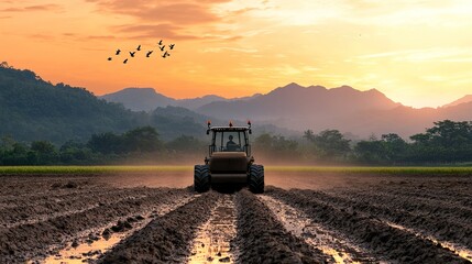 Autonomous farming machine driven by AI plowing through rice field, sunset light casting shadows, realistic mud