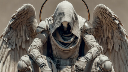 Silent Guardian Angel in Hooded Armor and Halo – Generative AI