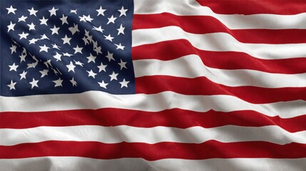 The American flag waves gracefully, showcasing its red, white, and blue colors. Each star and stripe symbolizes the nations heritage and values, evoking a sense of patriotism.