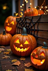 festive halloween pumpkins with carved faces glowing in a cozy autumn setting adorned with spider webs and twinkling lights