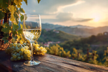 Wine glows in the sunset. Glass and grapes on wooden table. Ideal for marketing, design, and web use.