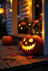 Fototapeta premium carved halloween pumpkin glowing at night on a porch decorated with autumn leaves and fairy lights creating a festive atmosphere