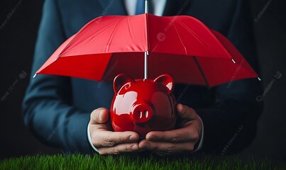 
Businessman protects piggy bank with red umbrella. Savings insurance. Risk management, insurance coverage, investment safety, wealth preservation, and economic stability.

