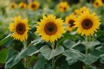 Naklejka premium Bright yellow sunflowers blooming vibrantly in a sunlit field, creating a picturesque scene on a warm summer day in the countryside
