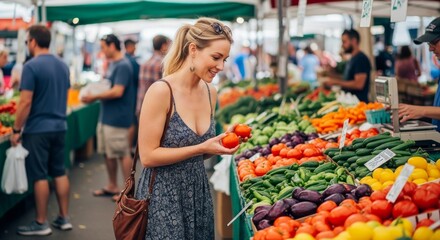 Obraz premium Beautiful white woman shopping at an open air Farmers Market, Fresh Food, Fresh Fruit and Vegetables, Hand made crafts