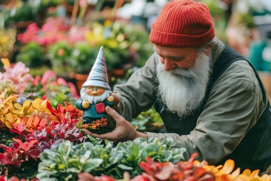 Senior gardener tending to vibrant plants while carefully placing a whimsical garden gnome in a colorful greenhouse filled with flowers