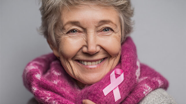 Hope and Strength: An elderly woman with a radiant smile, embracing a pink ribbon, symbolizing courage, resilience, and unwavering support in the face of adversity. A symbol of hope.