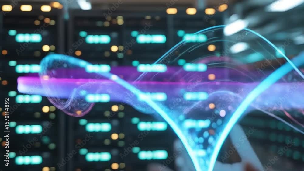 Poster innovative scientist interacts with a holographic data stream in a modern server room, pushing techn