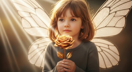 Portrait of a little girl with fairy wings holding a magical golden rose, fantasy and childhood dream concept