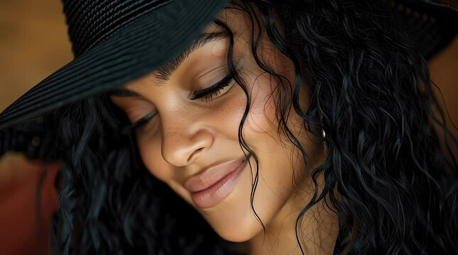 Dark skin young adult woman with wavy hair and visible freckles shows an intense gaze wearing a black hat in a studio