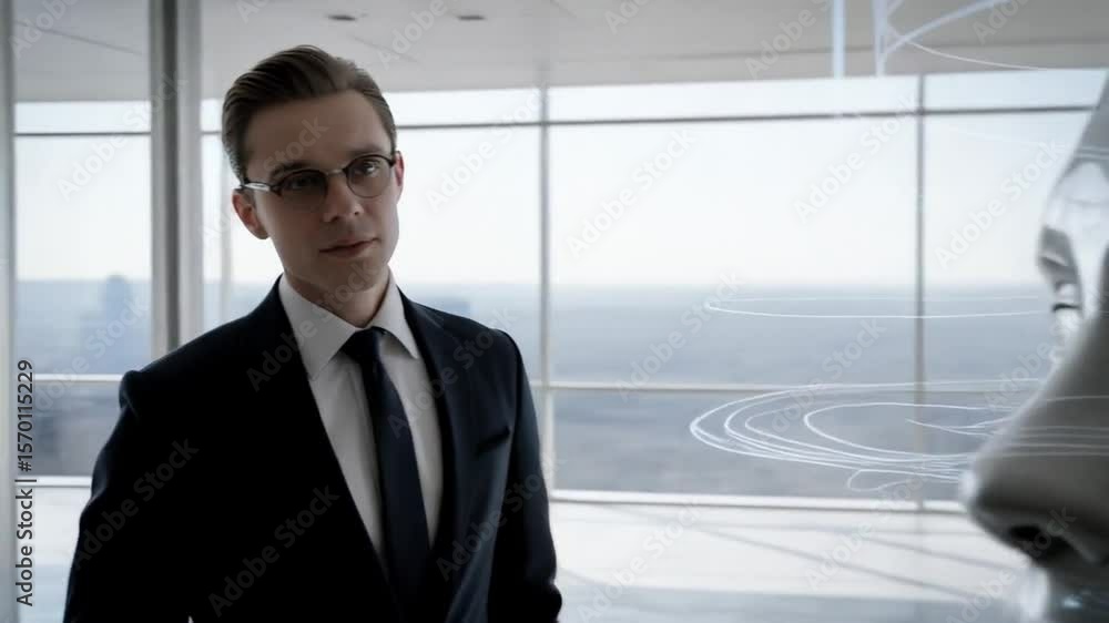 Aufkleber man contemplates a humanoid robot, symbolizing artificial intelligence and technological advancement