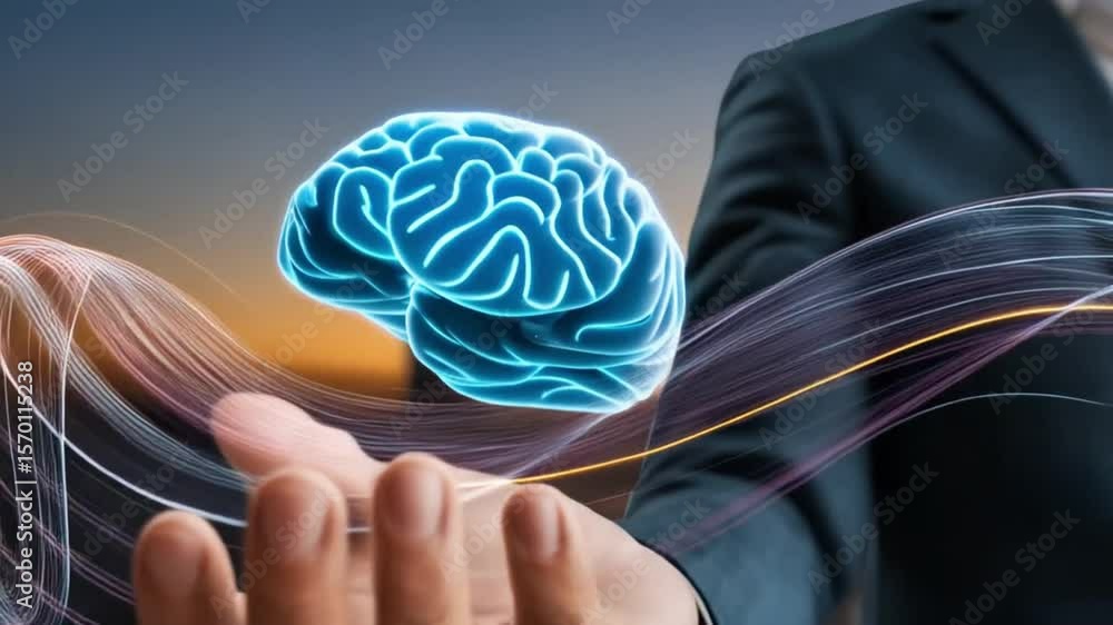 Poster businessman displaying digital brain, showcasing artificial intelligence and neural networks for inn