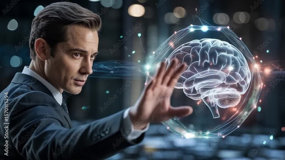 Poster businessman interacts with a futuristic brain interface, representing artificial intelligence and in