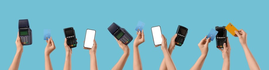 Many hands with credit cards, payment terminals and mobile phones on blue background