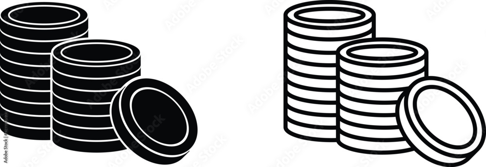 Poster stacks of circular coins in contrasting black and white designs arranged side by side on a clean bac