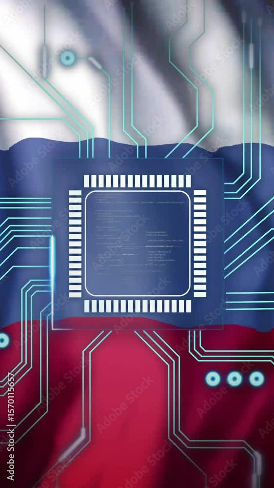 Poster animating circuit board and microchip over russian flag
