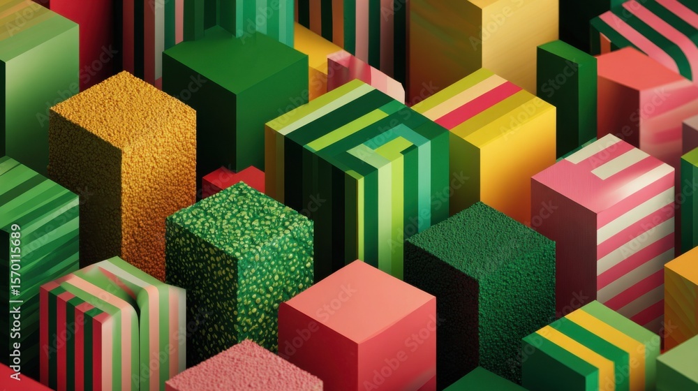 Poster a collection of colorful geometric blocks features a variety of patterns and textures, showcasing a 