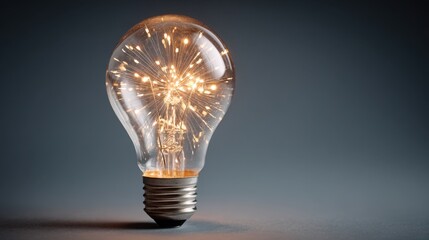 A light bulb sits on a surface, featuring a striking filament that sparkles as it illuminates the surroundings, highlighting innovative design and craftsmanship.