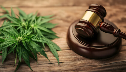 Marijuana leaves next to judge gavel on wooden surface. Leaves hint at legal issues, legalization, regulation of cannabis. Intersection of law, medicine, justice, policy reform