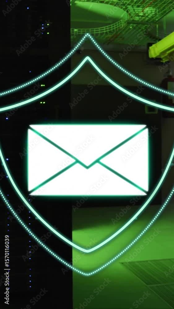 Poster animating email security over server room background in tech environment