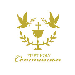 holy communion gold icon with chalice and doves isolated on white background