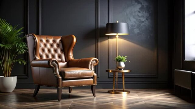 Darkly appointed room with a brown leather wingback chair, a small side table, and a tall floor lamp