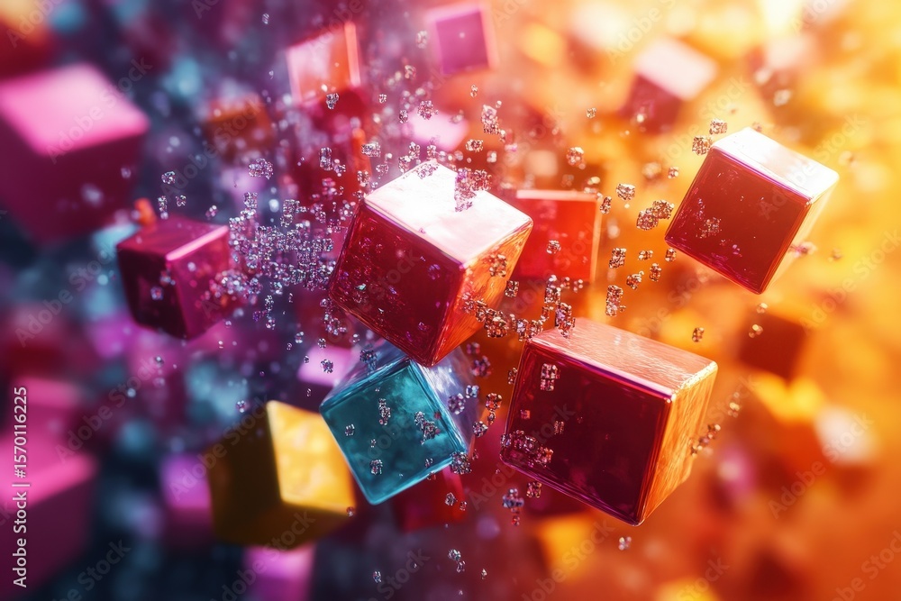 Aufkleber abstract colorful cityscape of geometric shapes and floating spheres creating a surreal architectura